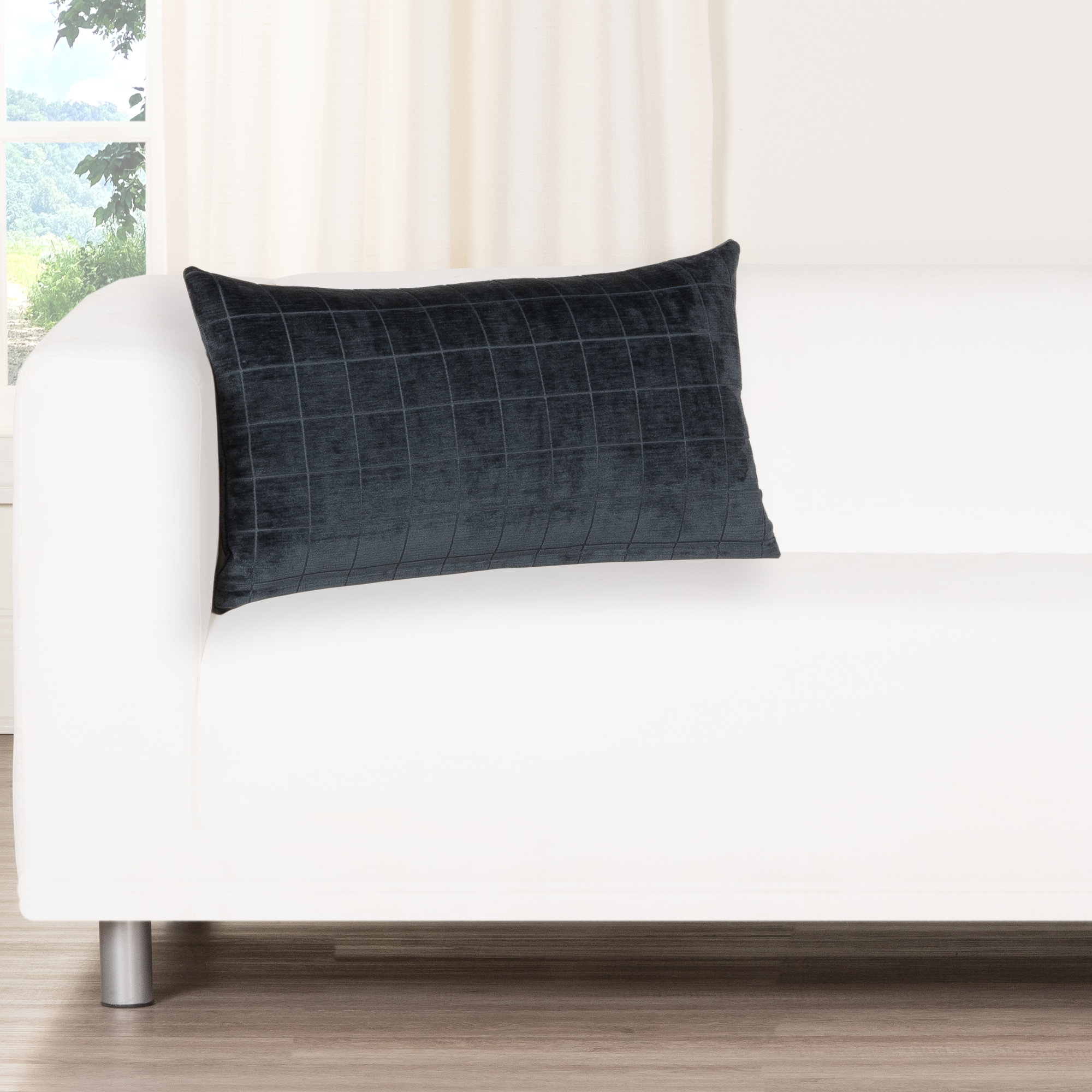Otterville Velvet Grid Lumbar Pillow, 12"H x 21"W, Feather, Navy Geometric