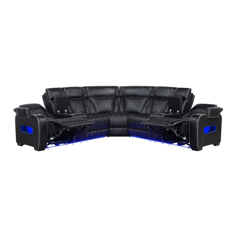 Canapé modulaire inclinable électrique à DEL 3 pièces avec consoles et haut-parleurs sans fil Fairway, Similicuir noir