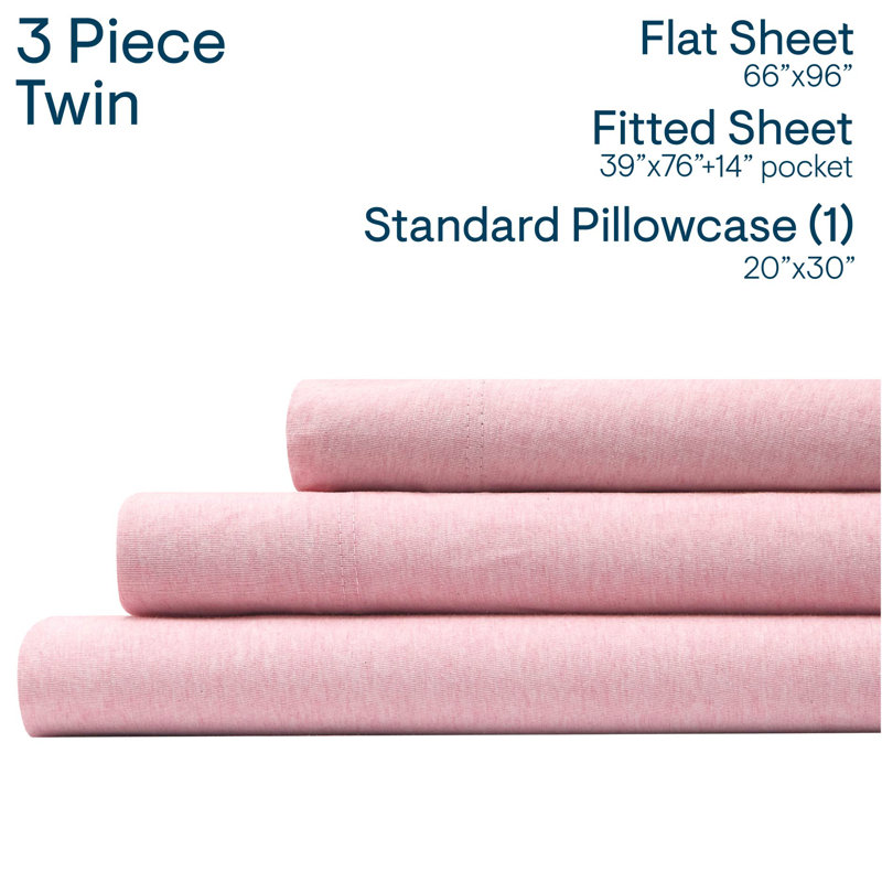 Aeropostale Cotton-Rich Heathered Jersey 3 Piece Sheet Set – Soft T-Shirt Feel, Heathered Pink, Twin, Pink