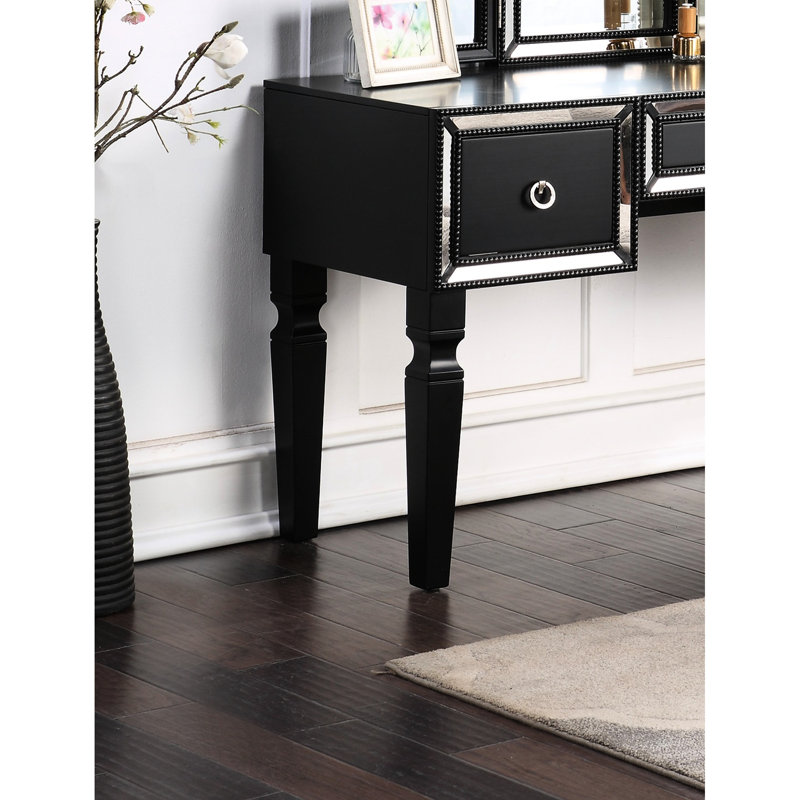 Meuble-lavabo de luxe en noir avec tabouret, 3 tiroirs de rangement et 3 miroirs, design élégant