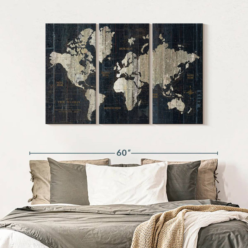 Carte du vieux monde en bleu sur toile, ensemble de 3 pièces, H 50 po x l 32 po x P 1,25 po