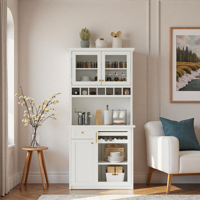 Armoire de cuisine autoportante avec tiroir, support à vin, tablettes réglables et portes en verre trempé, Blanc