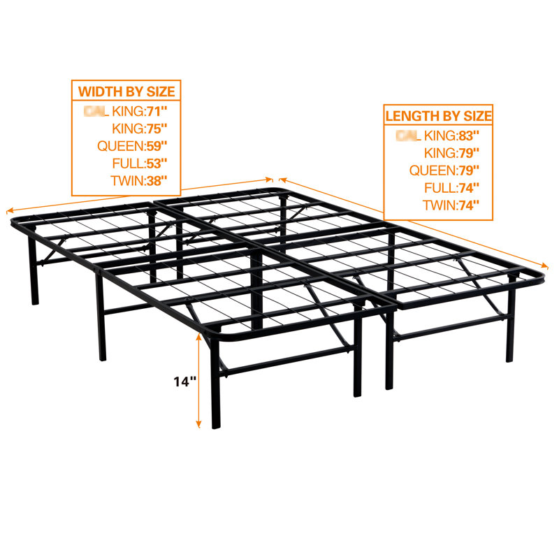 Structure de lit pliante en acier de 14 po de hauteur, très grand, sans sommier, stable, sous le rangement en métal, facile à assembler, rangement, noir
