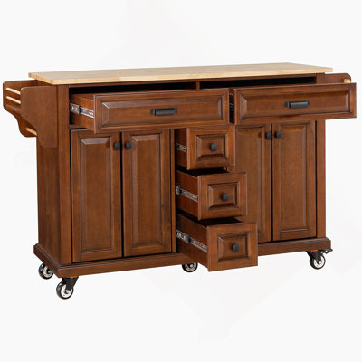 Îlot de cuisine avec comptoir en bois d'hévéa, chariot de cuisine sur 5 roues avec armoire de rangement