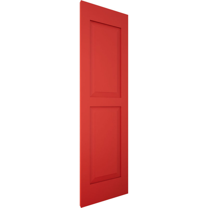 Volets extérieurs Americraft à deux panneaux surélevés égaux en bois véritable (par paire), 15 po L x 84 po H, avec capuchons de volets en aluminium, rouge feu