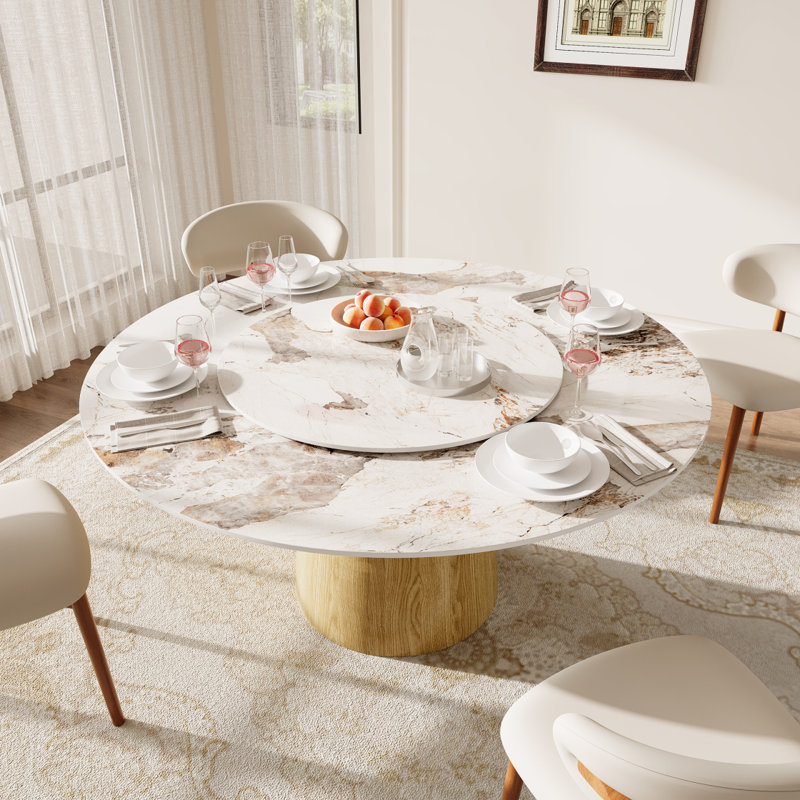 Table de salle à manger moderne Mid-Century en bois de pierre pour bureau de cuisine 4-8 - dessus 53,15 "+ base en U en bois naturel + plateau tournant - coloré