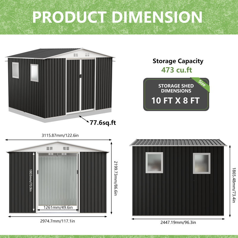 10x8 FT Large Outdoor Storage Shed with 4 Windows, Gray