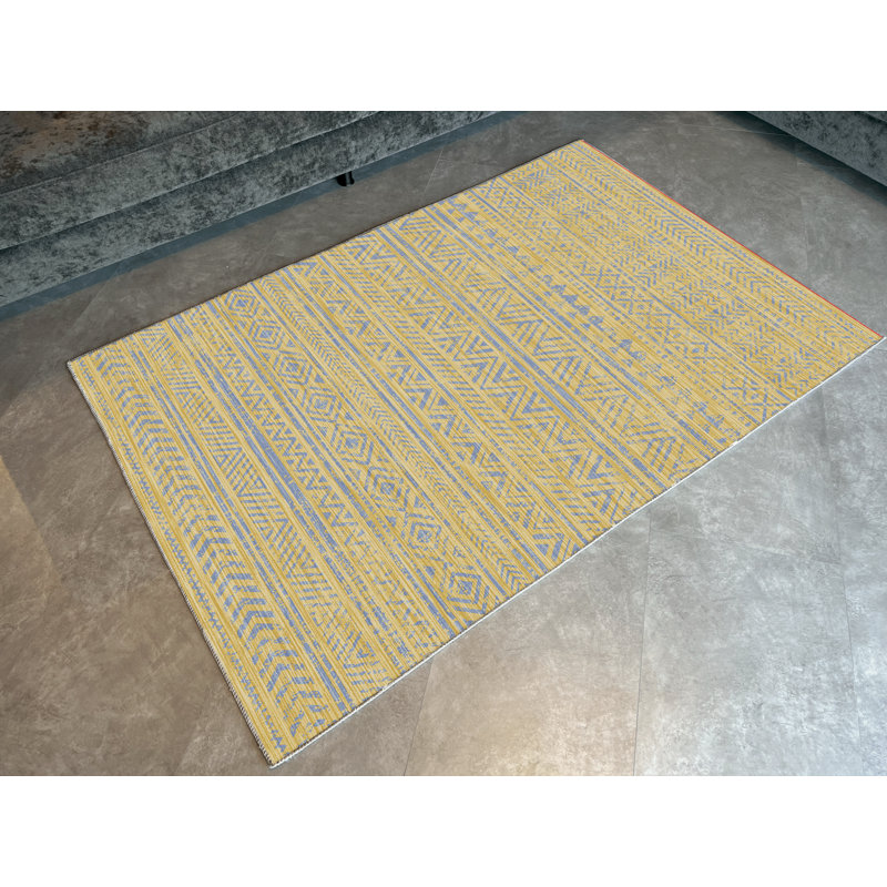 Tapis à motif géométrique à rayures bleues, Tapis de couloir 3 pi 3,37 po x 6 pi 6,74 po