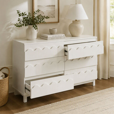 Commode ivoire de 60 pouces à 6 tiroirs avec façade ondulée, meuble télé moderne et armoire de rangement pour chambre à coucher