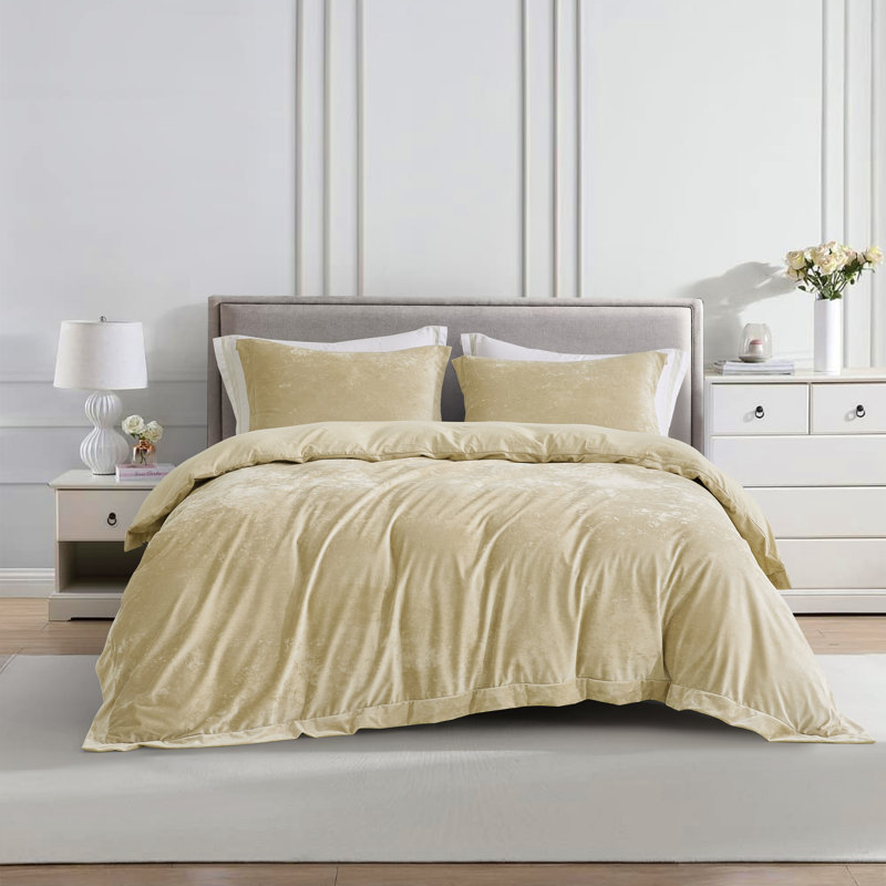 Piers Distressed Velvet Duvet Cover Set, King Duvet Cover + 2 King Shams, Beige