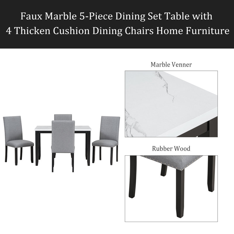 Table de salle à manger 5 pièces en faux marbre avec 4 coussins épais, Blanc, Gris