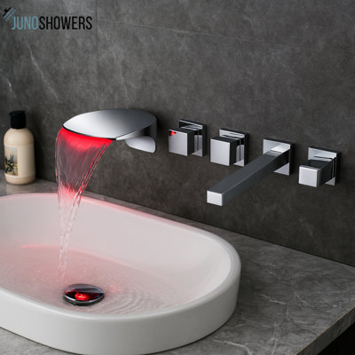 Juno 5 Hole Triple Handle Wall Mount LED Bathtub Faucet, Solid Brass Body with Color Changing Lights