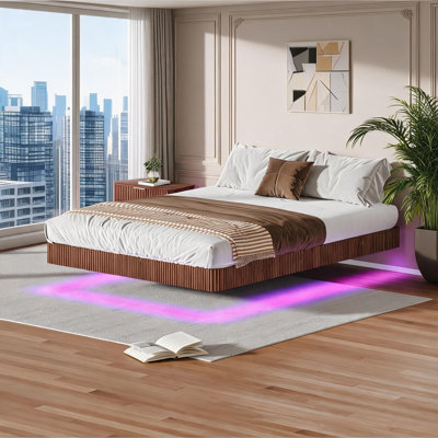 Brown-toned MDF and steel floating queen bed frame for everyday bedroom use, modern curved LED design with hidden support