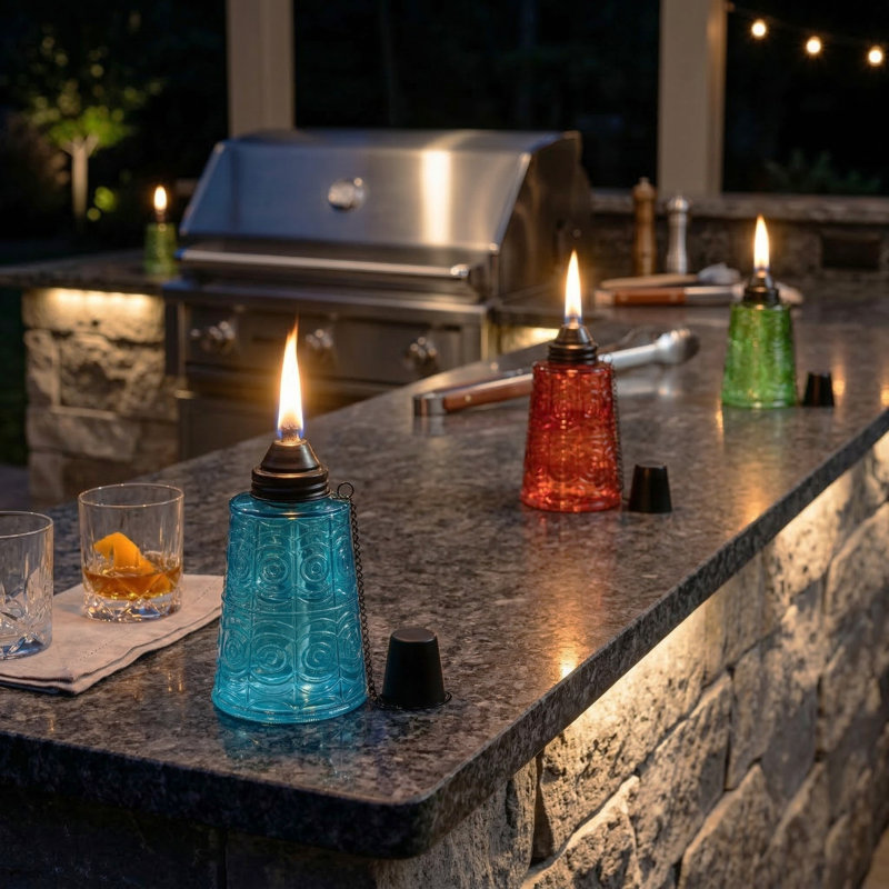 Torches Tiki Citronella, Bleu / ambre / vert