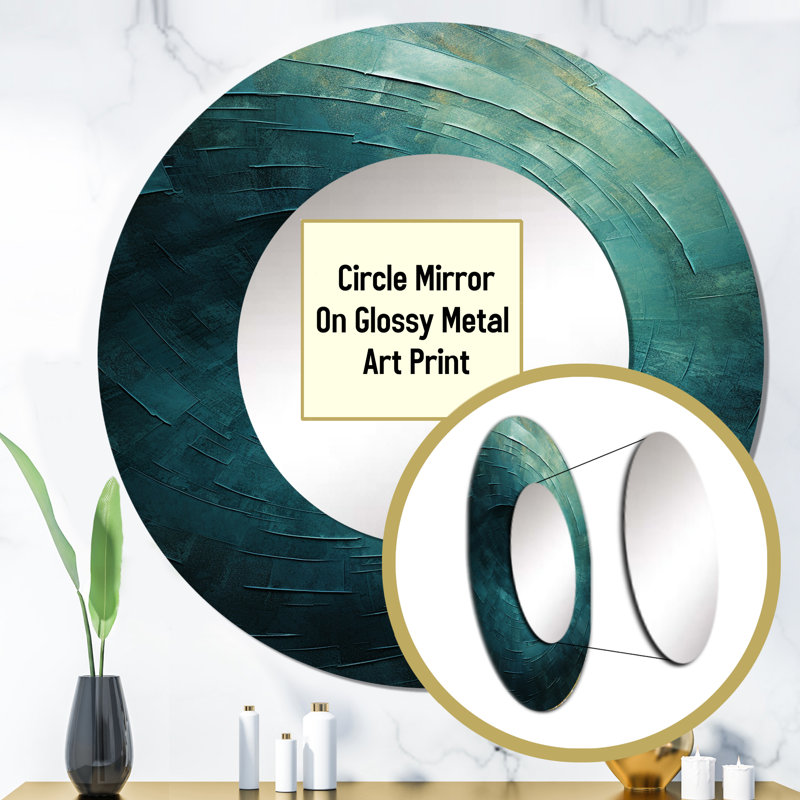 Teal Twisting Tranquility Spiral I - Abstract Spirals Decorative Wall Mirror, Modern Large Round Mirror, Printed Metal Art
