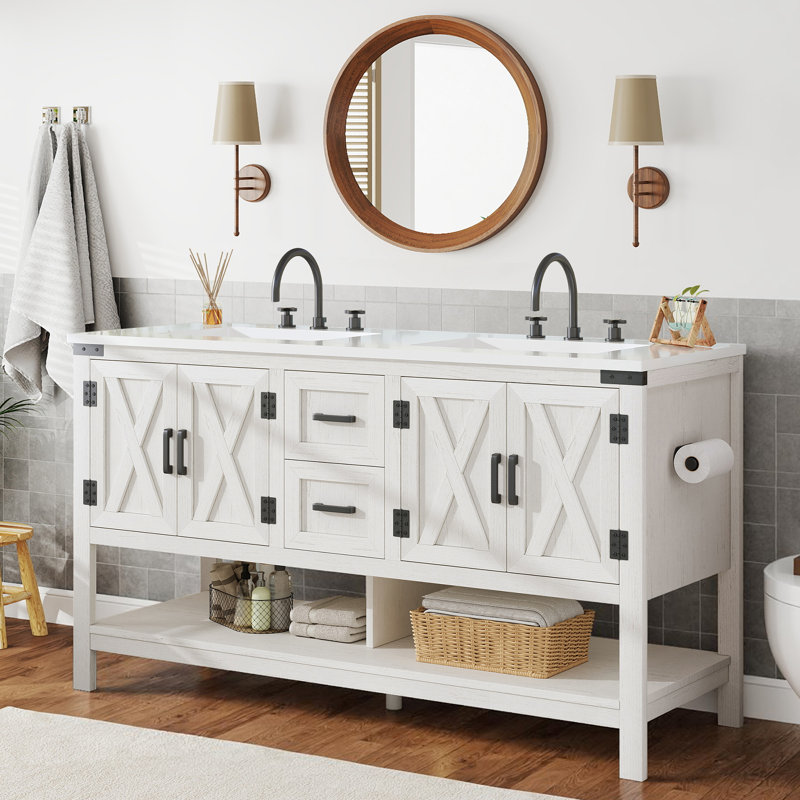Chimira 60" Farmhouse Storage Bathroom Vanity with Double Sink, White, Rustic White, 60", Solid White Acrylic