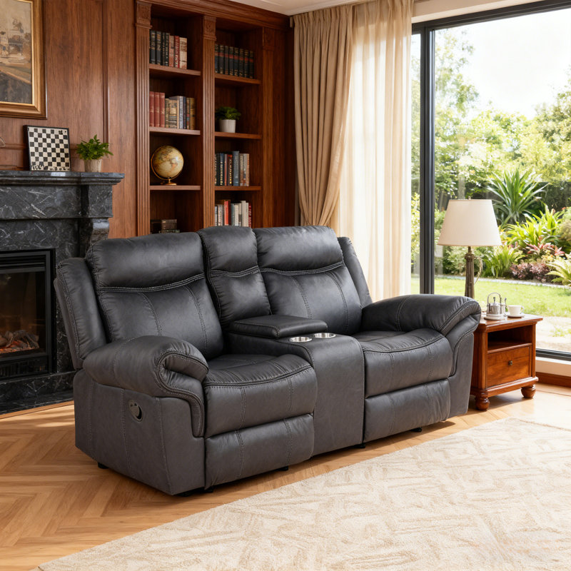 Modern 79" Wide Leatherette Manual Reclining Loveseat with Cup Holders & Storage Console，2-Seater Recliner，with Comfortable Foam & Pocket Coil Seating