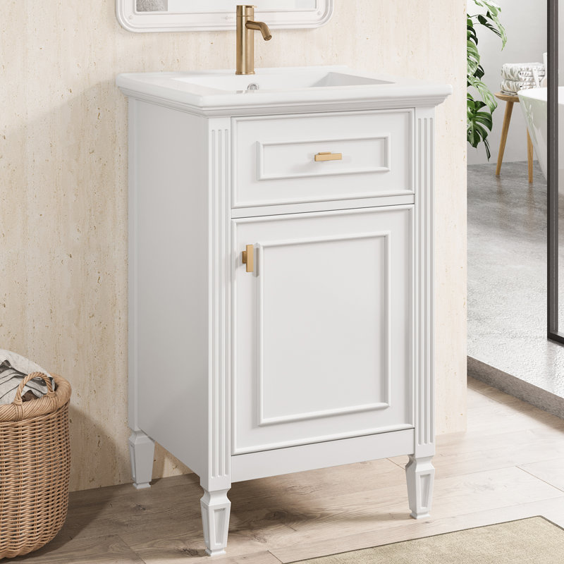 20" Modern Freestanding Single Bathroom Vanity with Sink, Tilt-Out Storage, Solid Wood Legs, Small Bathroom Friendly, White