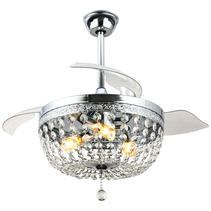 42" Crystal Ceiling Fan With Lights And Remote Control, 6-Speed Reversible DC Motor, Adjustable Height For Living Room, Bedroom