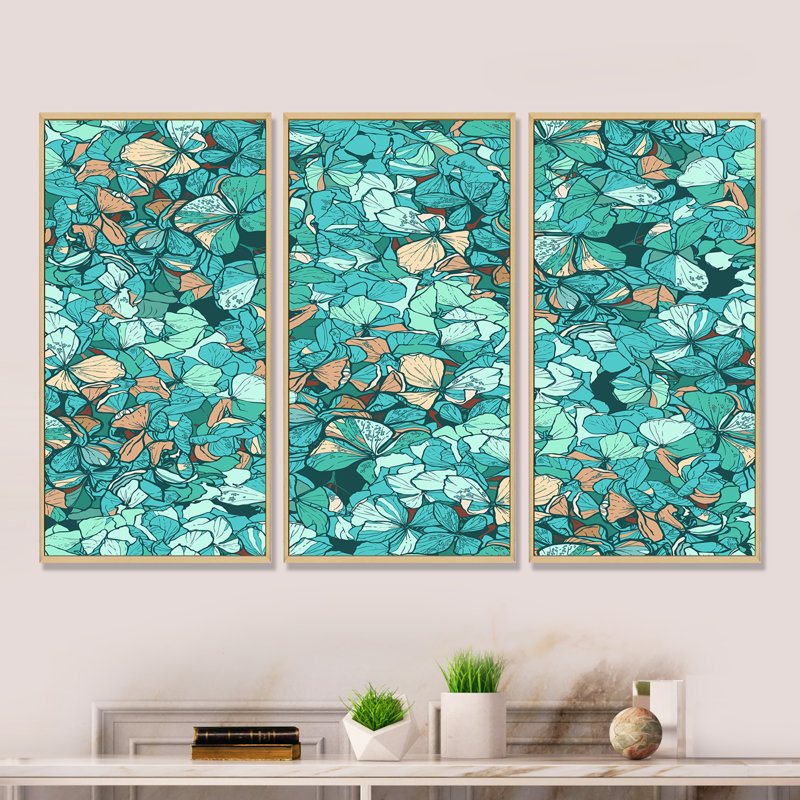 Turquoise Blue Flowers - 3 pièces, reproduction sur toile flottante, H 20 po x l 36 po x P 1 po, Cadre brun