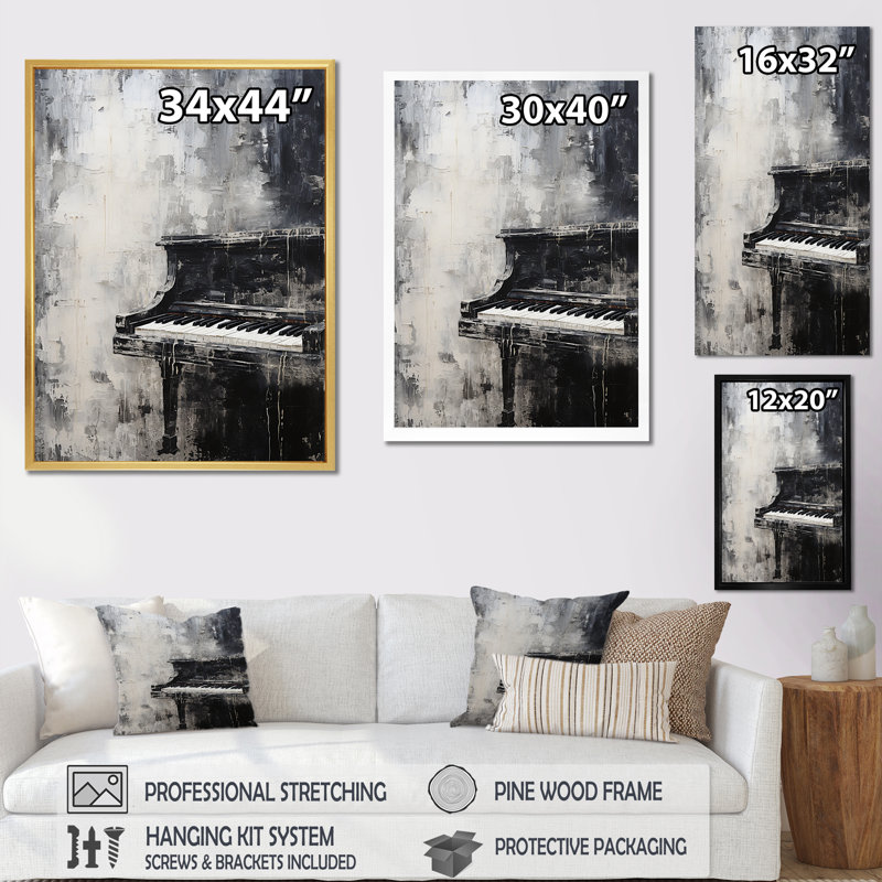 Minimalisme, piano, minuit, noir et blanc I - musique sur toile, piano, H 32 po x l 16 po x P 1 po, Toile tendue