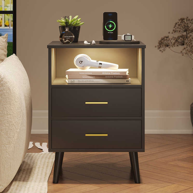 Boersma 45cm W Manufactured Wood Bedside Table, Black/Gold