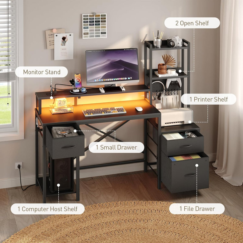 55" Gaming Desk with Power Outlet & LED Light, Computer Desk with Fabric Drawers, Storage Shelves & Monitor Stand, Industrial Gaming Table with Side Hook