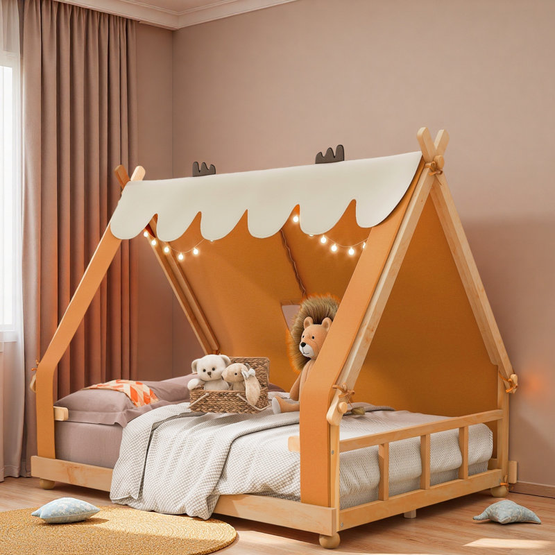 Lit maison avec tente et lumière, Lit double, Brun