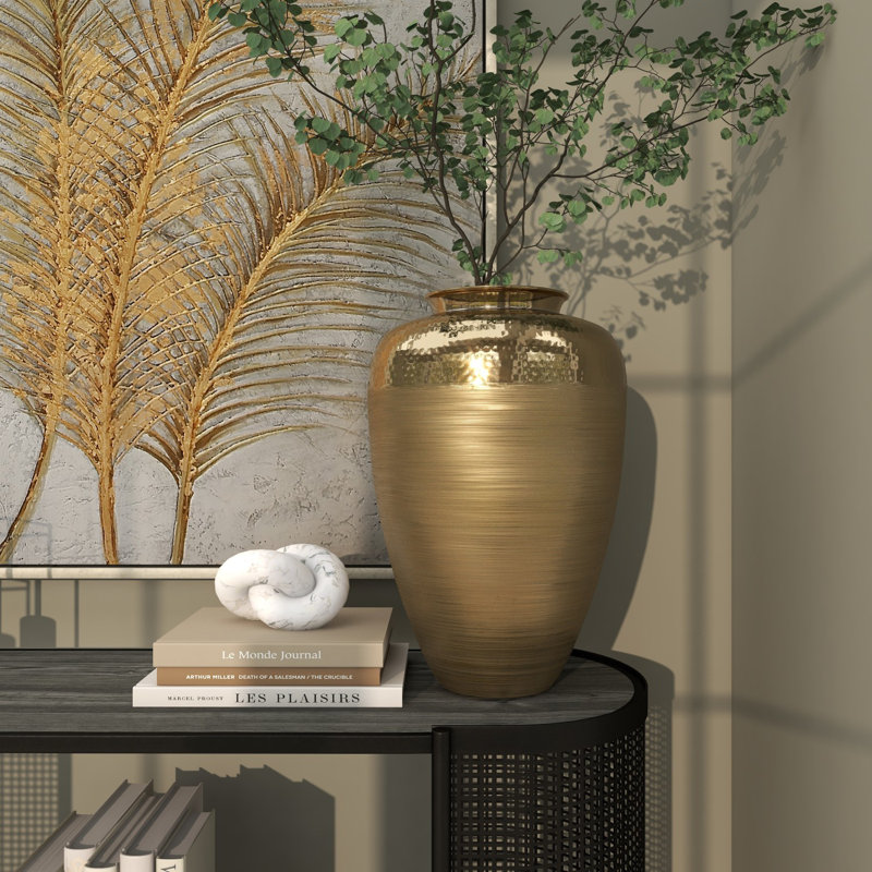 Aluminum Metal Brushed Decorative Gold Vase with Hammered Top, 18" H x 11.85" W x 11.85" D
