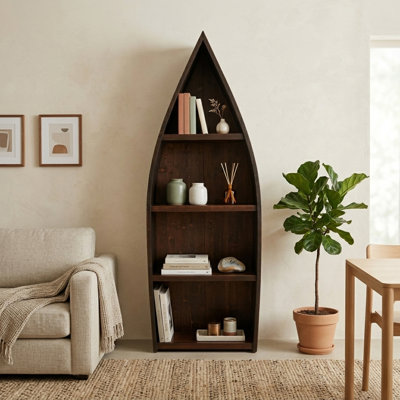 Solid Wood Boat-Shaped Bookcase - High - Dark Coffee