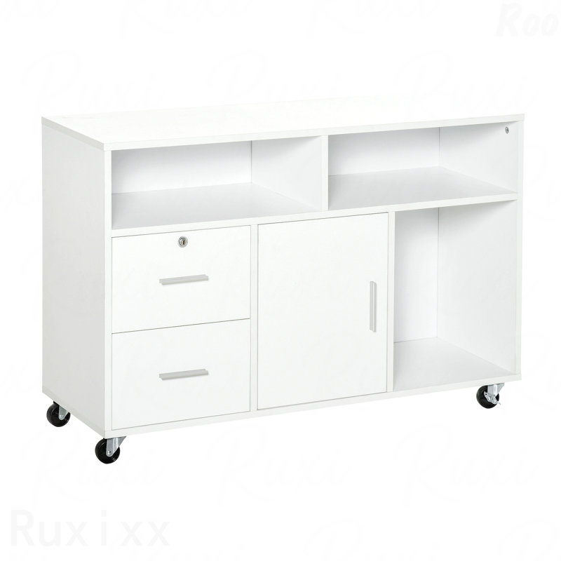 Mobile Printer Stand With Caster Wheels, Home Office Cabinet Organizer With 2 Locking Brakes And Drawer