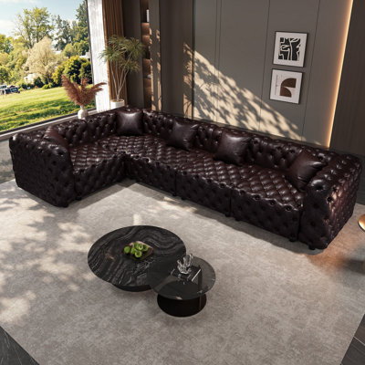 132.5" L Shaped Modern Sofa Set, Faux Leather Upholstered Modular 5-Seater Sectional Couch with Pure Handmade Button Tufted Design, 5 Pillows, Multi C