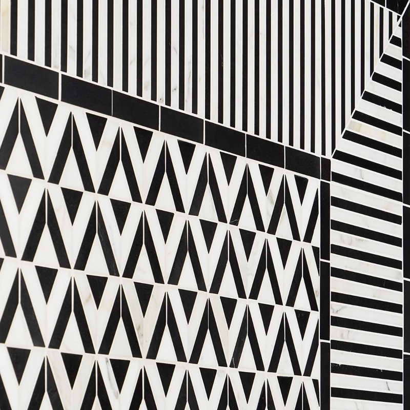 Monroe 8x8 Triangle Polished Marble Mosaic Tile, Black/White