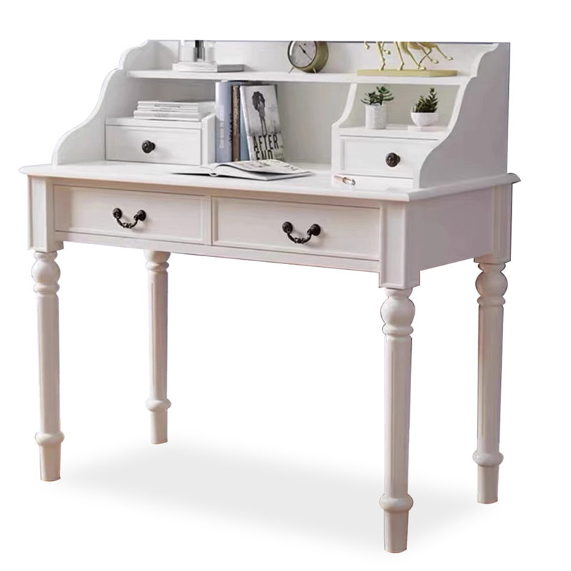 Bureau en bois d'hévéa de style américain avec bibliothèque de bureau, H 44,1 po x l 39,4 po x P 19,7 po, Blanc