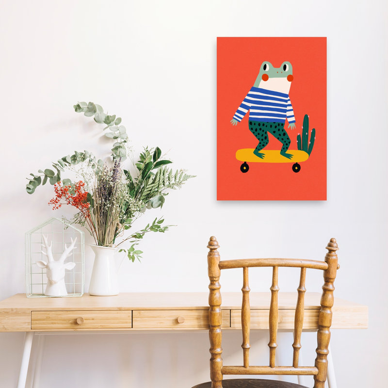 Skating Frog Modern Playful Whimsical Cactus Frog Landscape Nature Wall Art Print by Treechild - Wrapped Canvas Print
