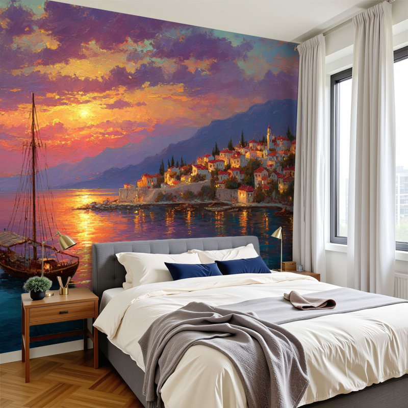 Papier peint adhésif pelez et collez, décorations murales auto-adhésives en PVC amovible, papier peint en PVC, bord de mer, paysage urbain