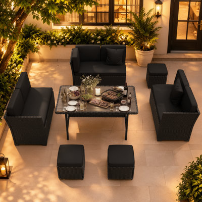 Ensemble de conversation pour patio 7 pièces en osier avec table de salle à manger