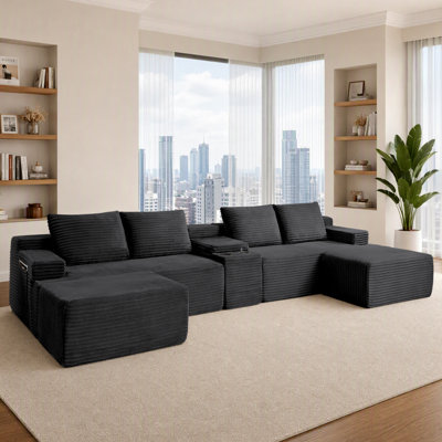 Canapé d'angle modulaire en forme de U sans armature, canapé nuage en tissu velours côtelé avec console de rangement et poufs amovibles, canapé de sol convertible pour salon