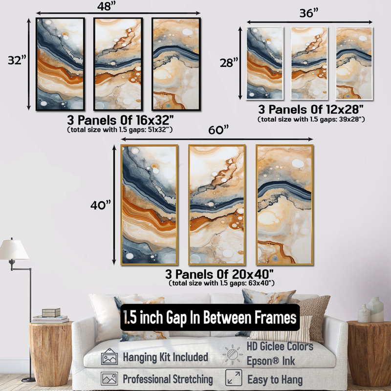 «Blue and Orange Minimalisme Stone Geode», ensemble d'art sur toile Geode Stone, H 28 po x l 36 po x P 1 po