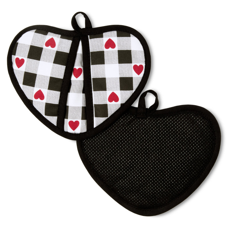 Ensemble de 2 porte-casseroles en forme de cœur en vichy en forme de cœur MARTHA STEWART, 100% coton, résistant à la chaleur avec poignée en silicone flexible, décoration de la Saint-Valentin, noir / blanc / rouge, 7 po x 8,5 po