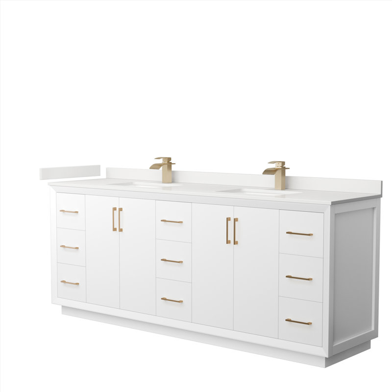 Meuble-lavabo double avec plateau Strada 84, Blanc, Quartz Giotto, Nickel brossé