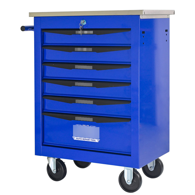 Chariot à outils 6 tiroirs pour le garage, chariot roulant en métal avec roues, noir et bleu, verrouillage par clé, chariot multifonctionnel à roulement, tiroirs verrouillables avec rangement bleu, surface en acier lisse