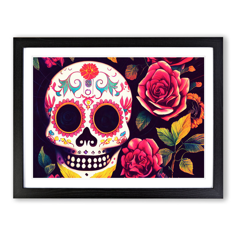 XH1022-8992X The Serene Floral Sugar Skull - Single Picture Frame Print, Black Framed, 46cm H x 64cm W x 2cm D