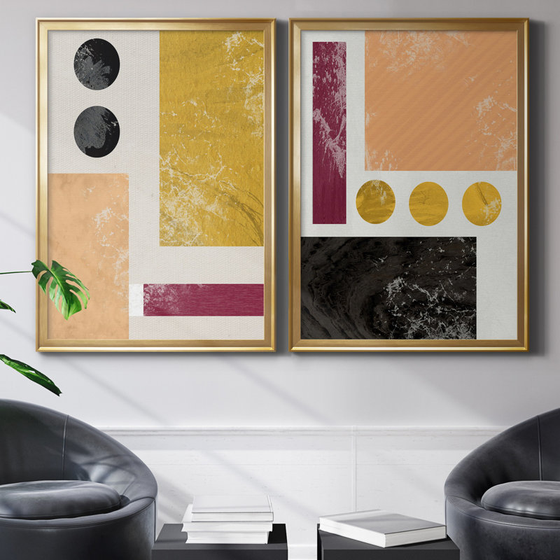Essie Abstract I - Ensemble de 2 reproductions d'art, H 26,5 po x l 73 po x P 1,5 po, Toile encadrée dorée, Pas de tapis