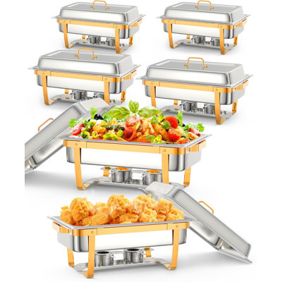 Chafing Dishes for Buffet, 6-Pack 8QT Rectangular Food Warmers, Complete Catering Server Set for Parties, Banquets, Weddings, Gold