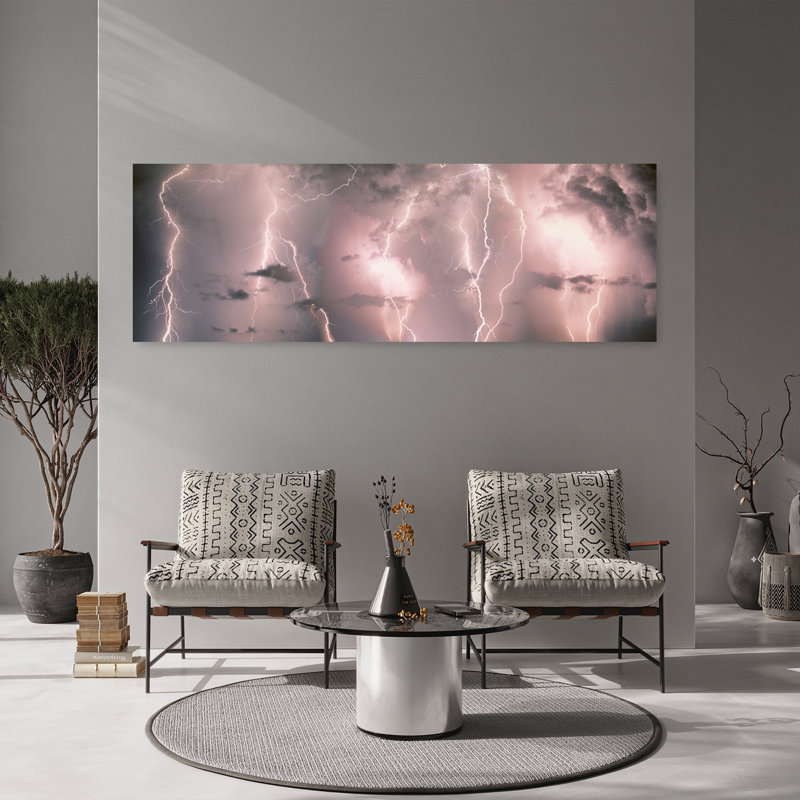 Foudre, orage, temps, ciel, nuages, paysage contemporain abstrait, art mural, H 20 po x l 60 po