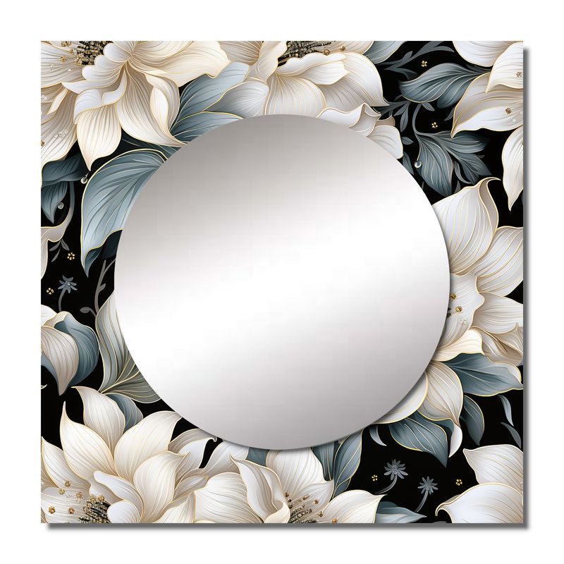 Motif de fleurs exotiques grises et blanches - Miroir floral carré pour décoration murale, 36 po x 36 po