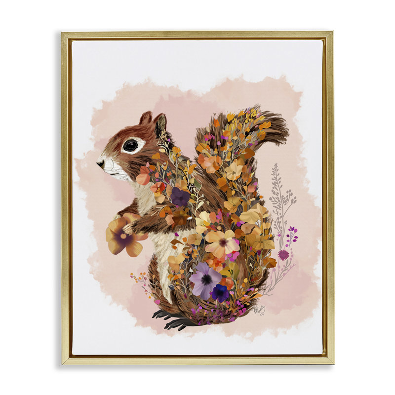 Art mural sur toile écureuil à motif de fleurs sauvages par Fab Funky, H 31 po x l 25 po, Cadre flottant métallique doré