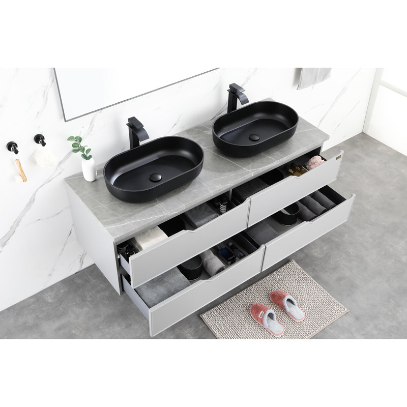 Lavabo de salle de bain en ABS noir mat - 14 po x 24 po, installation au-dessus du comptoir, hygiénique, résistant aux égratignures et à la décoloration, évier à évier rapide de 14 po de large, lisse, résistant à la décoloration, débit d'eau rapide