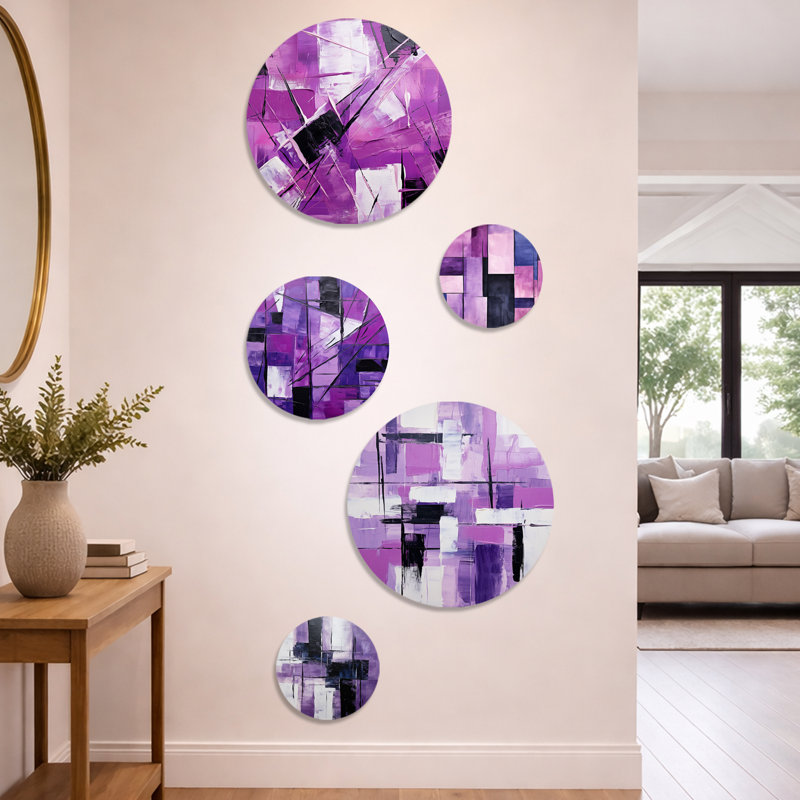 Tachisme cubique mauve brossé 4 - Tachisme, ensemble de 5, art mural moderne éclectique en métal, ensemble de 5